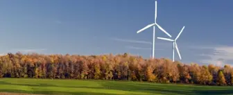 Photo of two windmills in a grassy field