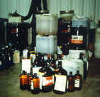 Jars of laboratory chemicals awaiting disposal