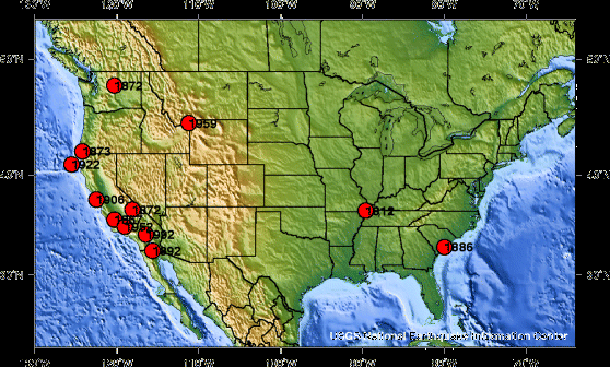 map of the largest earthquakes in the United States